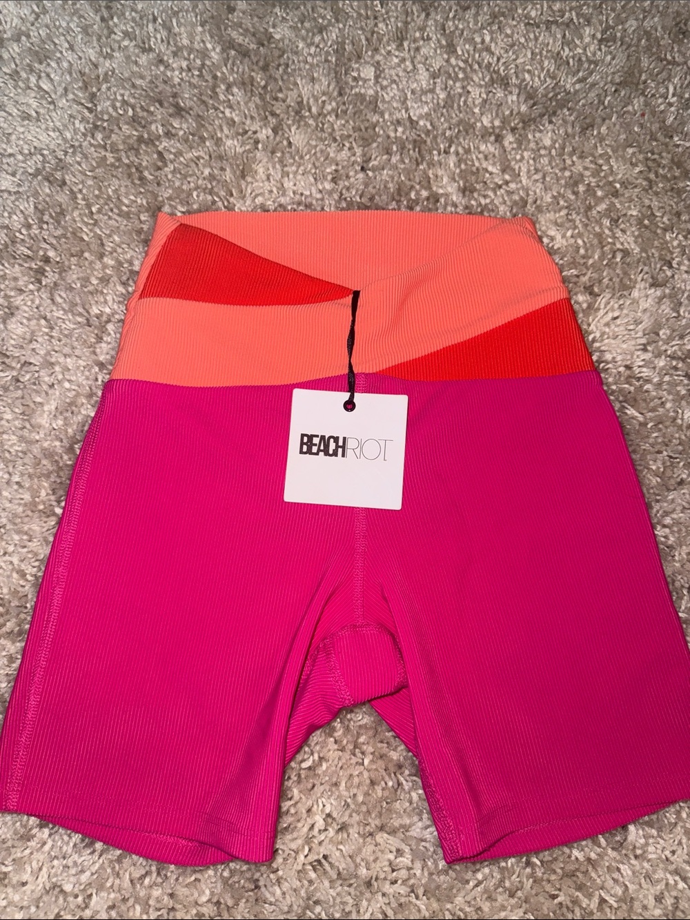 Beach Riot Kids Hot Pink Bike Shorts with Coral & Red Waistband
